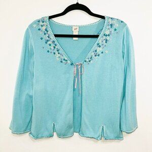EUC Vintage 100% Cotton Embroidered Cardigan J Jill Robin Blue Medium